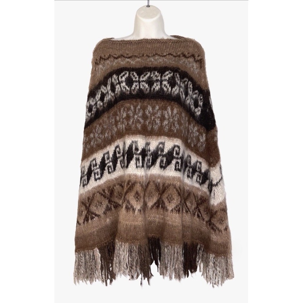 NEW Gamboa Alpaca Wool Poncho Sweater Brown Fringe Bolivia OS